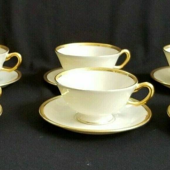 6 Lenox Tuxedo Footed Cup Saucer Ivory Gold Mint